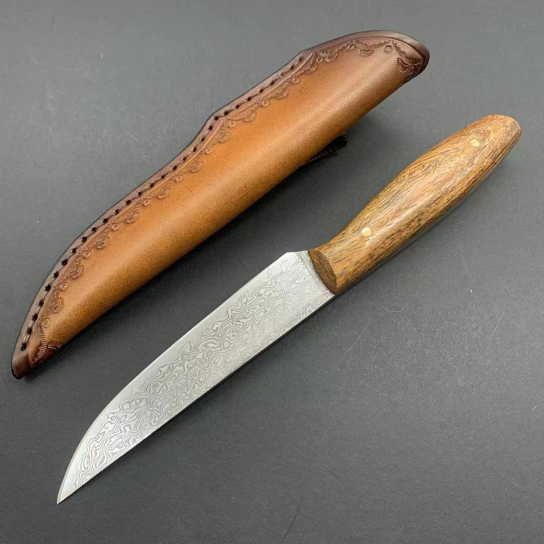 Faca Utilitária de 5 Polegadas com Bainha Lâmina de Aço Damasco de 67 Camadas Cabo de Madeira Faca de Cozinha Afiada para Desossar e Legumes Ferramentas de Culinária