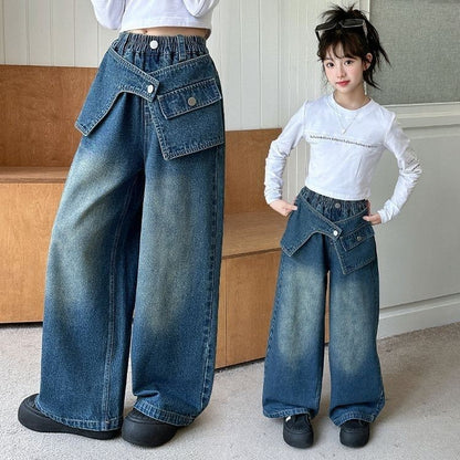 2025 Autumn Trendy Korean Style Flared Jeans for Girls - Medium & Large Kids, Ruffled Long Pants for Junior High Students