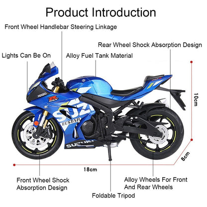 1:12 Suzuki GSX1000R R1250GS Liga Diecast Brinquedos Modelos de Motocicletas Carro com Luz Absorção de Choque Miniatura Moto Meninos Presentes