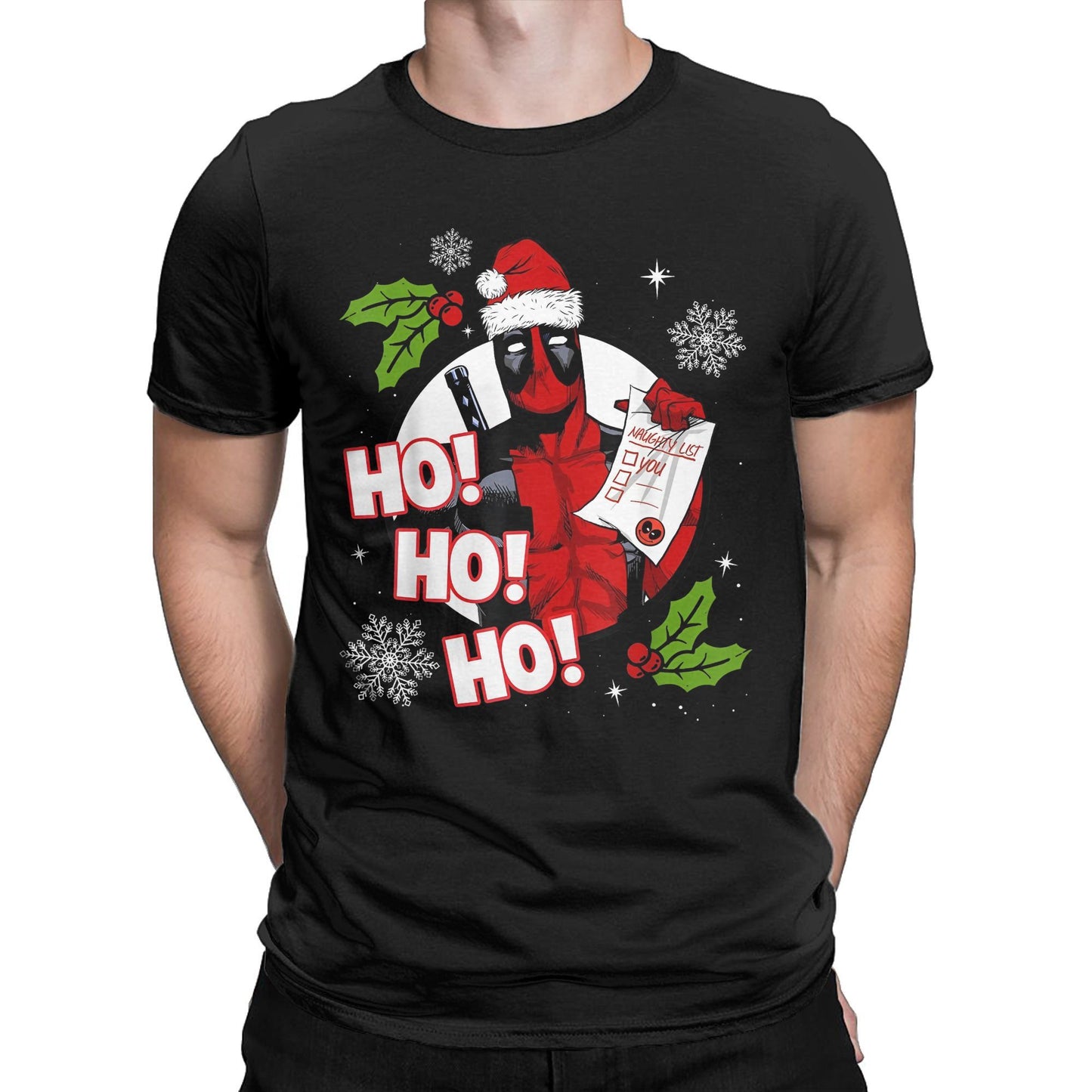Men's Deadpool Santa Naughty List Christmas Graphic T Shirts HO! 100% Cotton Tops Novelty Short Sleeve O Neck Tees Gift T-Shirt