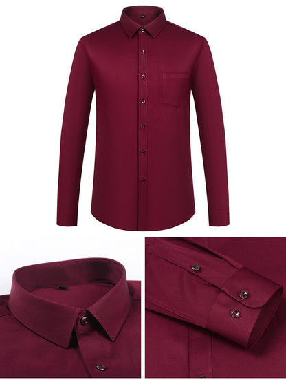 Men's Sleek Stretch Long Sleeve Button Up Shirts with Chest Pocket, Solid Color Formal Business Wrinkle Free Menswear Clothing