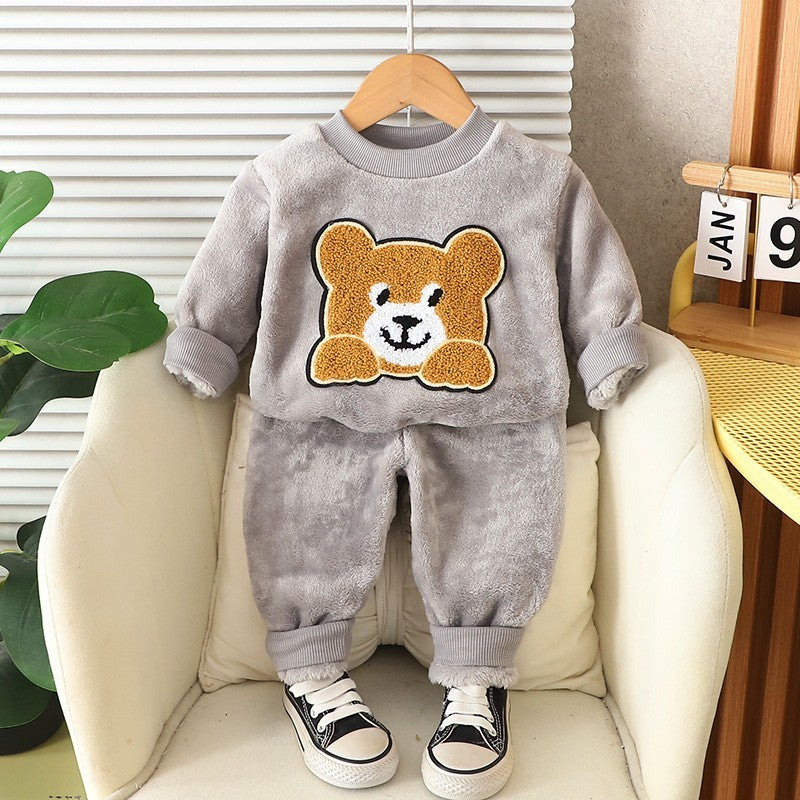 Autumn Winter Baby Boys Homewear Sets Fashion Cartoon Bear Flannel Fleece Clothes for 1-6 Years Kids Sleepwear Children Pajamas