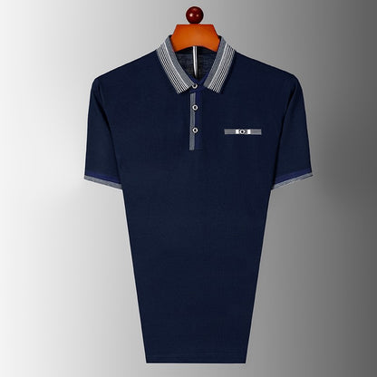 Summer men's short sleeved pure cotton lapel T-shirt polo shirt, middle-aged and elderly loose casual striped T-shirt