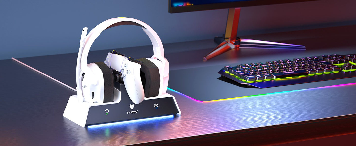 NUBWO G06 Wireless Headsets Gamer with Charging Station for Headset and PS5 Controller Gaming Headphones Long Battery Life