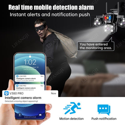 V380 Pro WiFi Wireless Solar Camera 4G Sim Card Three Screen Outdoor Solaire CCTV Three Lens Battery 360 Solar Security Cameras