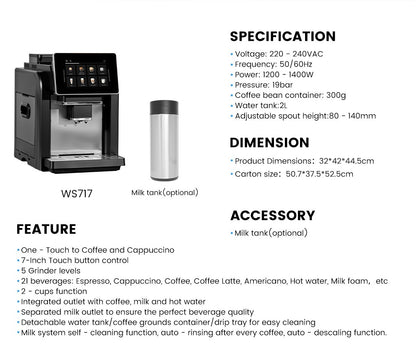 Mcilpoog WS817 -7"colorfAutomatic Espresso Machine with Milk Frother,  21 Flavors for Home & Office