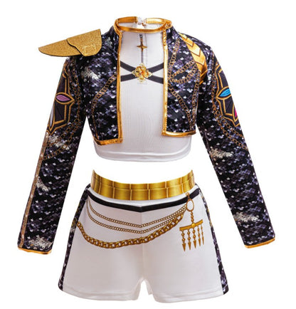 Girls Black?Gold 3D Printed Jacket Shorts Cosplay Set Kids Outfit for Stage Show Birthday Party Halloween Carnival Dress?Up