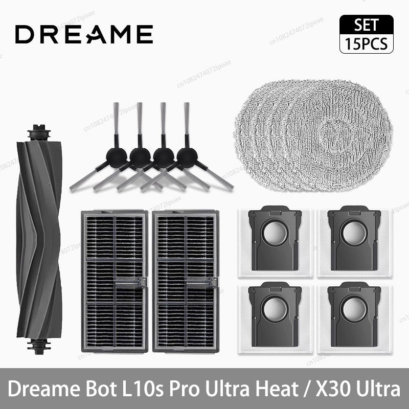 Acessórios para Robô Aspirador Dreame L10s Pro Ultra Heat / X30 Ultra: Escova Principal, Escova Lateral, Pano de Limpeza, Filtro Hepa, Saco de Pó, Peças de Reposição