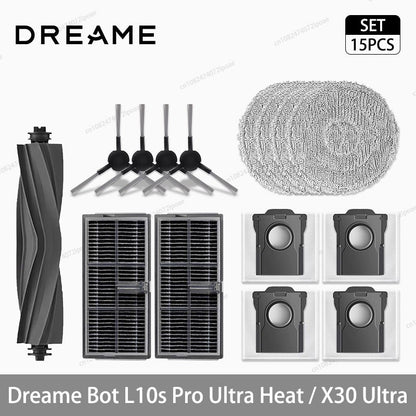 Acessórios para Robô Aspirador Dreame L10s Pro Ultra Heat / X30 Ultra: Escova Principal, Escova Lateral, Pano de Limpeza, Filtro Hepa, Saco de Pó, Peças de Reposição