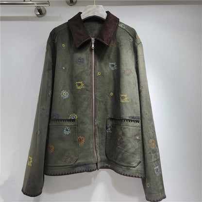 SuperAen Heavy Industry Embroidery Brown Suede Jacket Women's 2025 Autumn New High-end Retro Casual Jacket