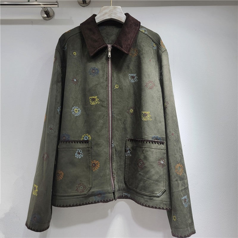SuperAen Heavy Industry Embroidery Brown Suede Jacket Women's 2025 Autumn New High-end Retro Casual Jacket