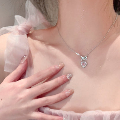 Colar coreano com pingente de laço de coração de cristal rosa, corrente prateada, para mulheres, joias estéticas para casamento