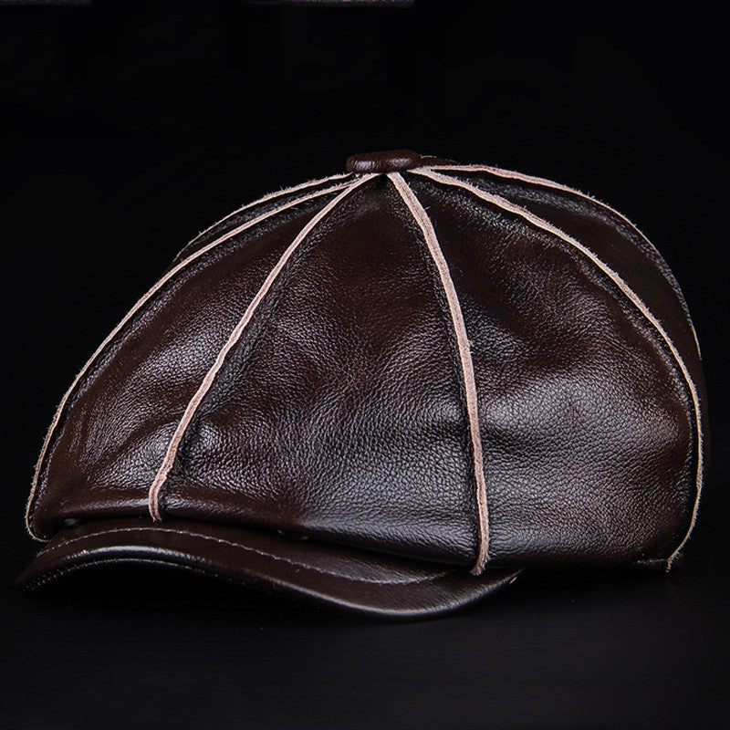 Men's Genuine Leather Warm Octagonal Cap Elegant Adjustable Newsboy Beret Cowhide Tongue Cap