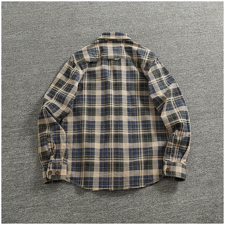 2024 Spring and Autumn New American Retro Woven Plaid Cargo Shirt Men's Simple 100% Cotton Washed Single Pocket Thin Jacket