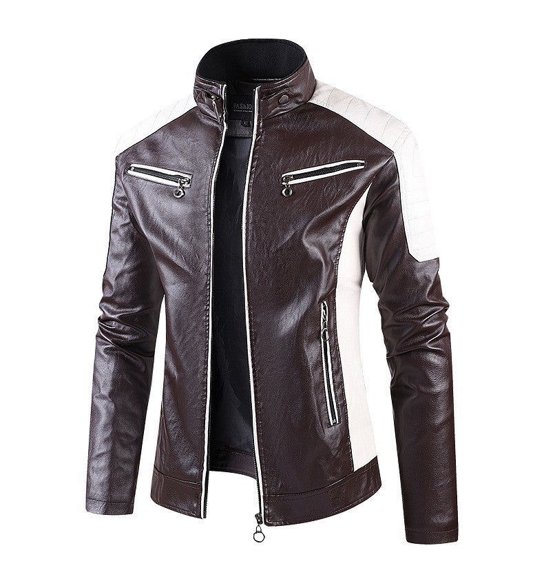 2025 New Color Blocked Stand Up Collar PU Leather Motorcycle Bike Jackets for Men,multi-color Spring Autumn  Thin Casual PU Coat