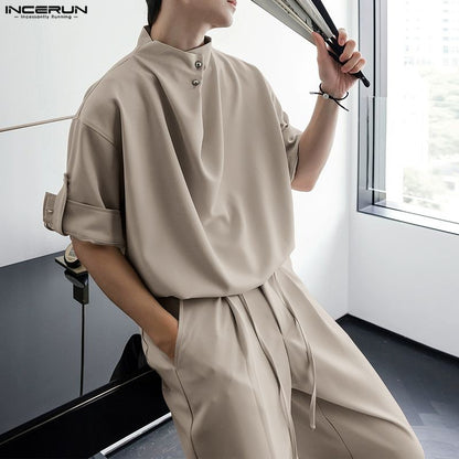 INCERUN Men Sets Solid Color Pleated Shirt & Pants Two Pieces Sets Loose Streetwear 2025 Fashion Men's Casual Suits S-5XL