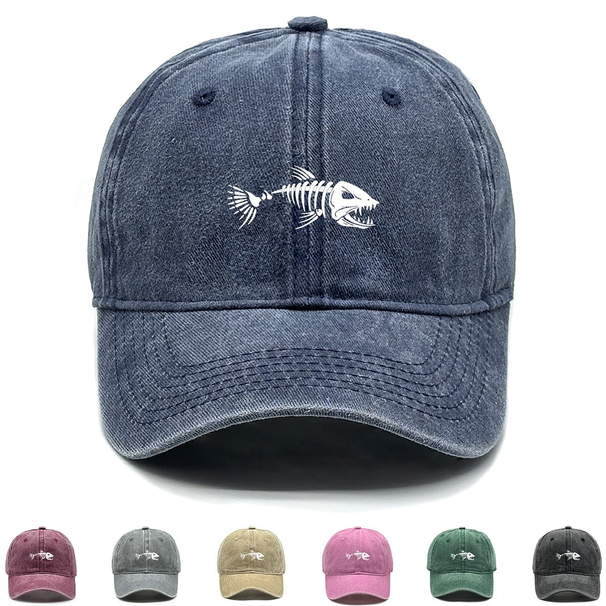 White Fish Bones Print Adjustable Retro Baseball Cap Woman's Cap Distressed Fashion Snapback Caps Ideal Choice For Women & Men