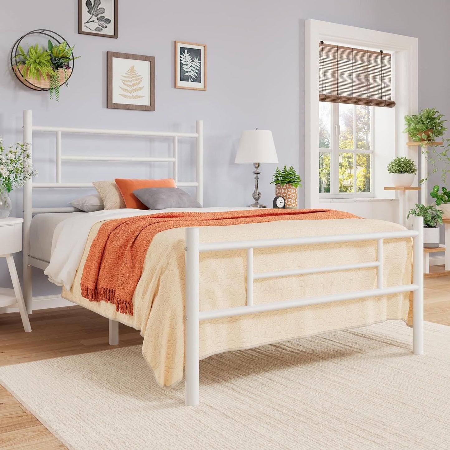 Estrutura de Cama de Plataforma de Metal Tamanho Twin de 14 Polegadas com Cabeceira e Peseira, Armazenamento Embaixo da Cama, Forte Suporte de Ripas de Metal, M