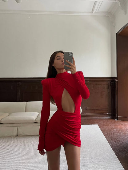 Sexy Hollow-out Pleated Mini Dress Women Fashion Solid Half High Collar Long Sleeve Slim Dresses 2025 Lady Party Club Robes