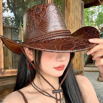 Cool Ethnic Style Western Cowboy Hat Roll Brim Wide Brim Cowgirl Jazz Hat Solid Color Polyester Visor Cap Cycling