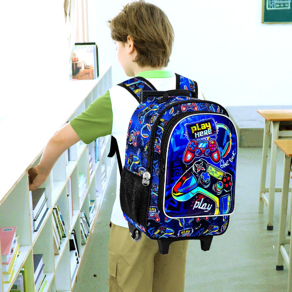Mochila de Rodinhas 3 Peças para Meninos, Mochila Escolar com Rodinhas para Crianças, Mochila Escolar com Rodinhas Gamer para Pré-escola e Ensino Fundamental