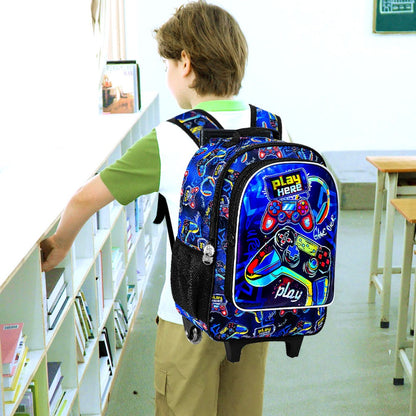 Mochila de Rodinhas 3 Peças para Meninos, Mochila Escolar com Rodinhas para Crianças, Mochila Escolar com Rodinhas Gamer para Pré-escola e Ensino Fundamental