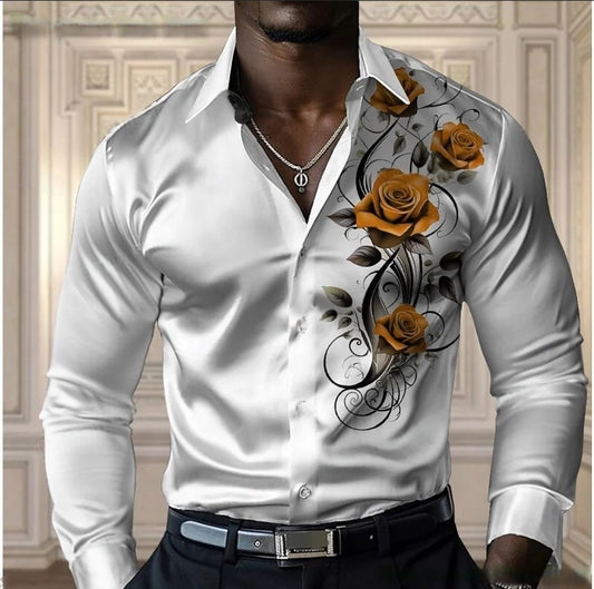 High-end men's rose shirt, casual and comfortable button-down long-sleeved shirt, fashionable four-season shirt, plus-size desig