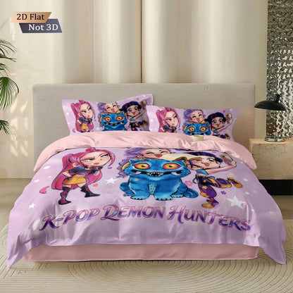 3 Peças Caça-Demônios K-Pop Impresso Conjunto de Cama Sem Microplaqueta Macio e Confortável Dormitório Quarto Vários Tamanhos Lavável na Máquina