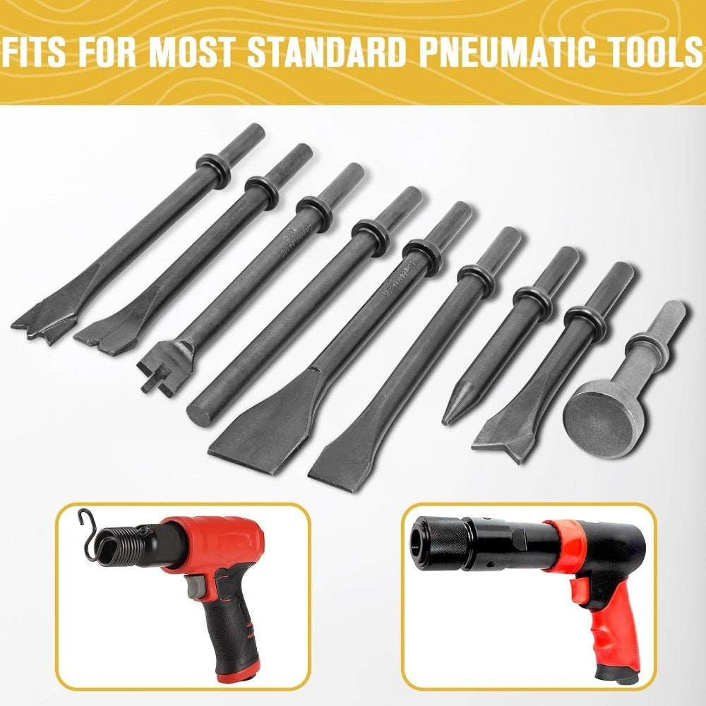 Kit de 9 Peças de Cinzéis para Martelete Pneumático para Demolição de Concreto, Pedra, Azulejo e Remoção de Ferrugem - Acessórios Duráveis para Cinzel Pneumático