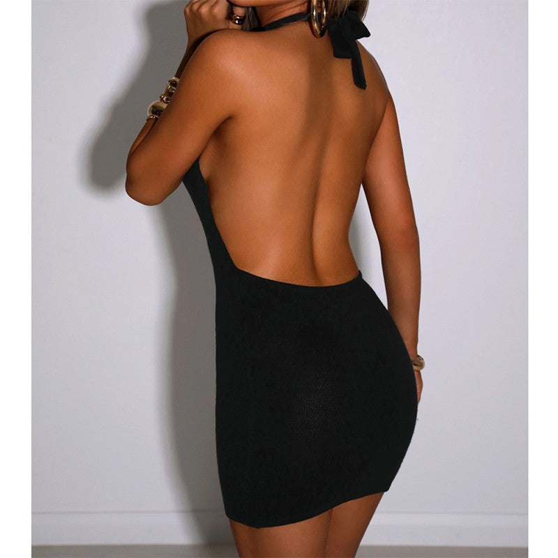 Black Bodycon Dress Women Halter Sexy Skinny Hollow Out Backless Mini Dresses Ho
