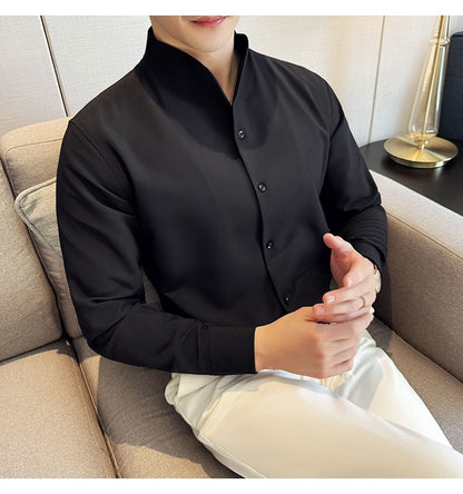 Advanced Sexy V-neck Men's Long Sleeved Shirt Designer Stand Up Collar Shirt Business Social Slim Fit Black and White Top