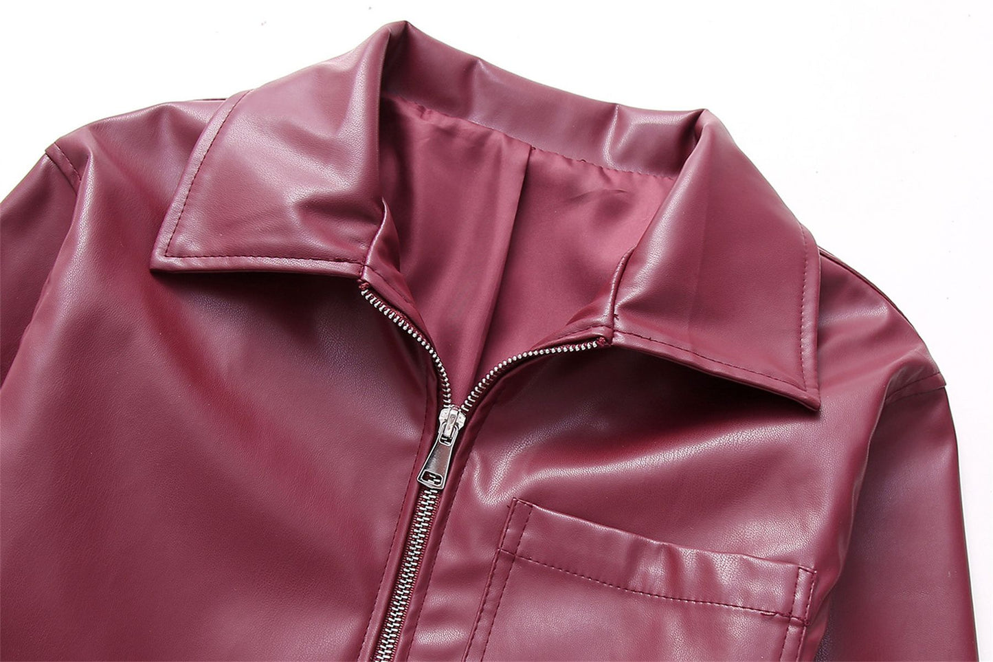 Jaqueta Feminina de Couro Sintético Vermelho Vinho Vintage, Casaco Moderno com Zíper e Lapela, Casacos de Outono Inverno, Blusas Curtas Femininas Estilo Streetwear