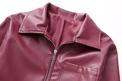 Jaqueta Feminina de Couro Sintético Vermelho Vinho Vintage, Casaco Moderno com Zíper e Lapela, Casacos de Outono Inverno, Blusas Curtas Femininas Estilo Streetwear