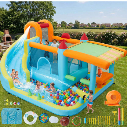 14FT Kids Bounce House With Slide & 450W Blower, 12-in-1 Inflatable Water Bouncer For Backyard Indoor Outdoor Party Castle Play