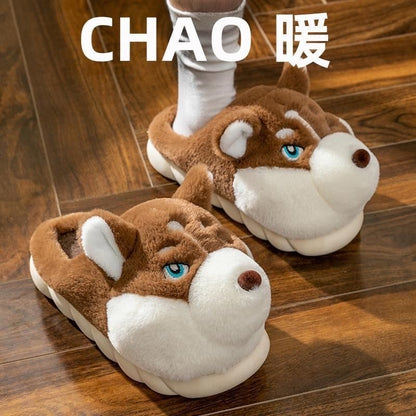 Men Indoor Cotton Slippers Cute Cartoon Dog Winter Warm Shoes Couples Home Floor Slides Anti-slip  Female Male House Footwear