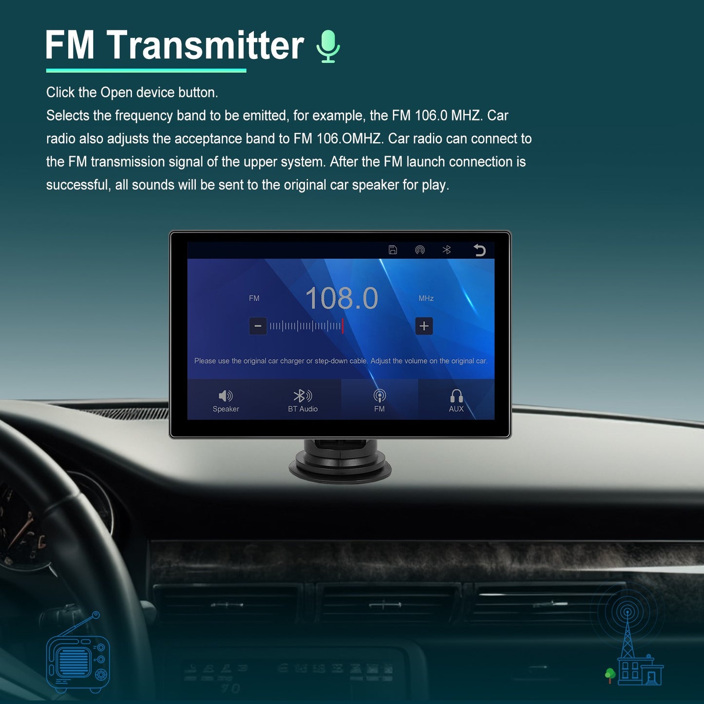 Player de Vídeo Multimídia de Rádio para Espelho de Carro Portátil de 9" Universal Sem Fio CarPlay Android Auto Tela Bluetooth AUX TF GPS DVR