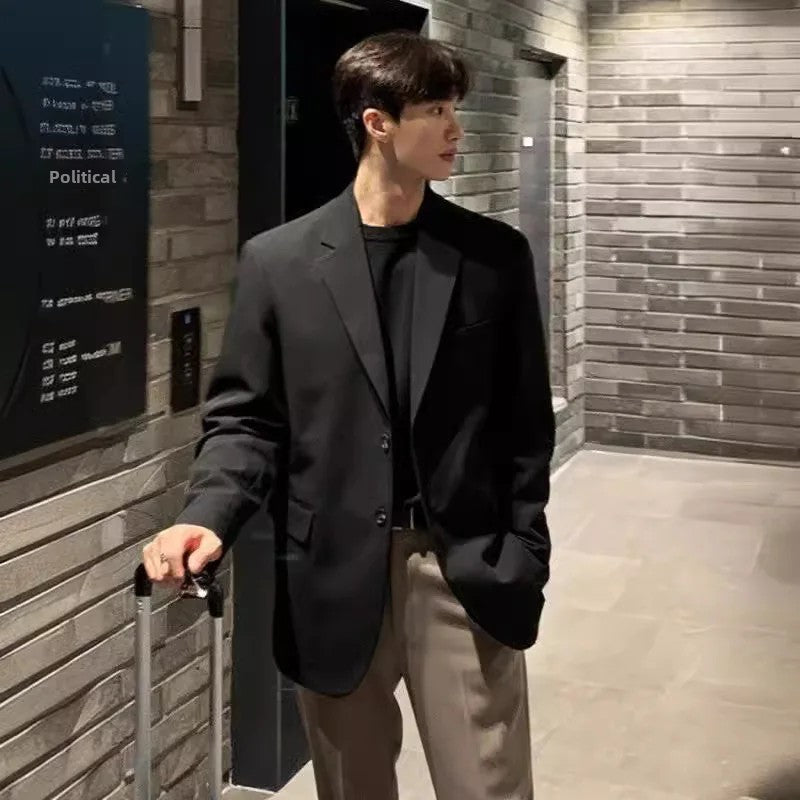 Korean Men's Casual Blazer Western-style Loose-fit Black Single-breasted Jacket Autumn Trendy Dongdaemun Style Clothes