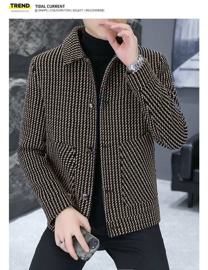 Korean Fashion Woolen Jacket for Men 2023 Winter Plaid Casual Business Trench Coat Slim Social Office Street Wear Short Overcoat