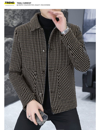 Korean Fashion Woolen Jacket for Men 2023 Winter Plaid Casual Business Trench Coat Slim Social Office Street Wear Short Overcoat