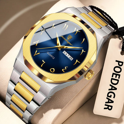 POEDAGAR Fashion High Quality Men Clock Date Week Waterproof Watch For Man Quartz Stainless Steel Luxury Men's Watches Reloj+Box