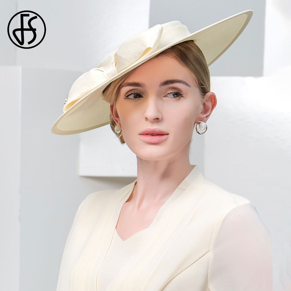 FS Elegante Chapéu de Aba Larga Marfim Feminino Grande Laço Ocasião Formal Kentucky Boné Feminino Casamento Coquetel Festa Fedora de Topo Reto 2024