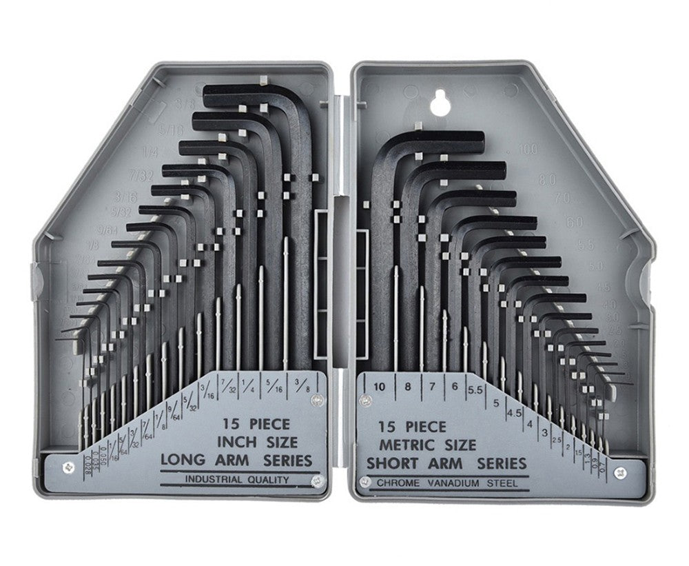 30 Peças Chave Allen Sextavada 0.028"- 3/8" Polegadas & 0.7mm-10mm Tamanho Métrico Aço Cromo-vanádio Chave Ferramenta Braço Longo Conjunto
