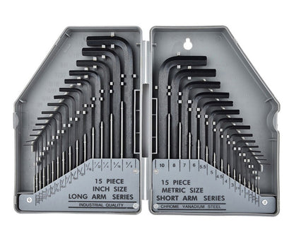 30 Peças Chave Allen Sextavada 0.028"- 3/8" Polegadas & 0.7mm-10mm Tamanho Métrico Aço Cromo-vanádio Chave Ferramenta Braço Longo Conjunto