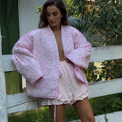 Floral Printed Women's Cardigan Cute Lace up Pink Women Coat Casual Loose Autumn Warm Coats Fashion New Ladies Coats Outerwear