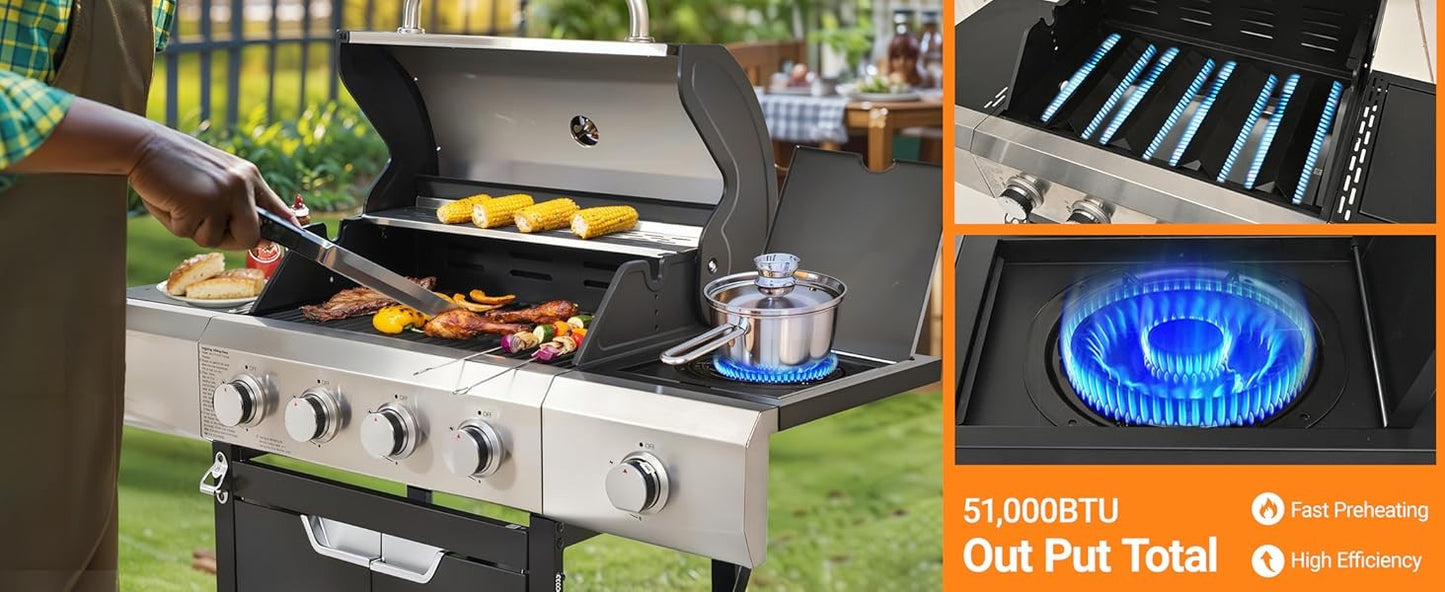 4 Burner BBQ Propane Gas Grill, Free Standing Grill Cart with Wheels, Stainless Steel Heavy Duty Cabinet Style, Outdoor Grill