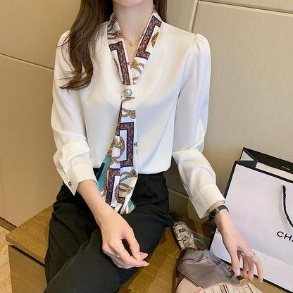 H Han Queen Spring Chiffon Simple Office Lady Blouse Female Shirt Bow Tops Long Sleeve Casual Korean OL Loose Blouses Women