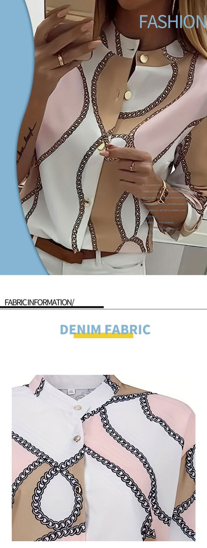 Plus Size Casual Top, Women's Plus Colorblock Chain Print Button Up Roll Up Sleeve Round Neck Top