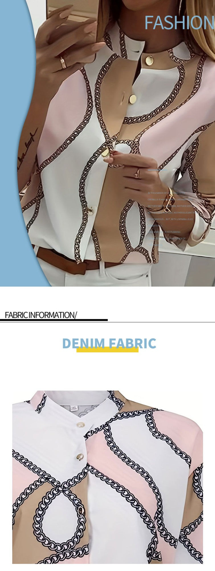 Plus Size Casual Top, Women's Plus Colorblock Chain Print Button Up Roll Up Sleeve Round Neck Top