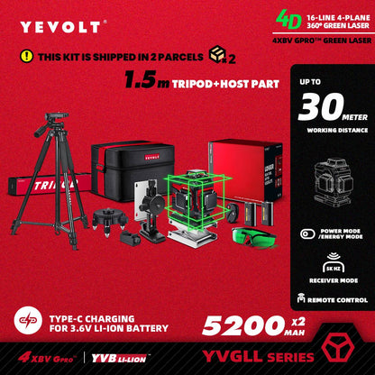 Nível a Laser Verde YEVOLT YVGLL4XS16 Series 4 Planos 16 Linhas Autonivelante 360 3D Ferramentas de Medição de Potência Horizontal e Vertical