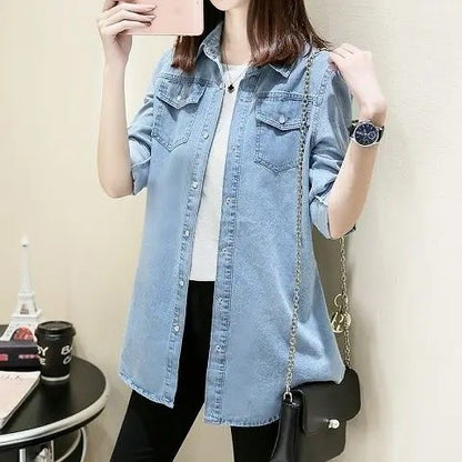 Loose Women's Denim Shirt Long Sleeve Mid-Length Slim Fit plus Size Spring Autumn New Style Student Outerwear Casual Shirt